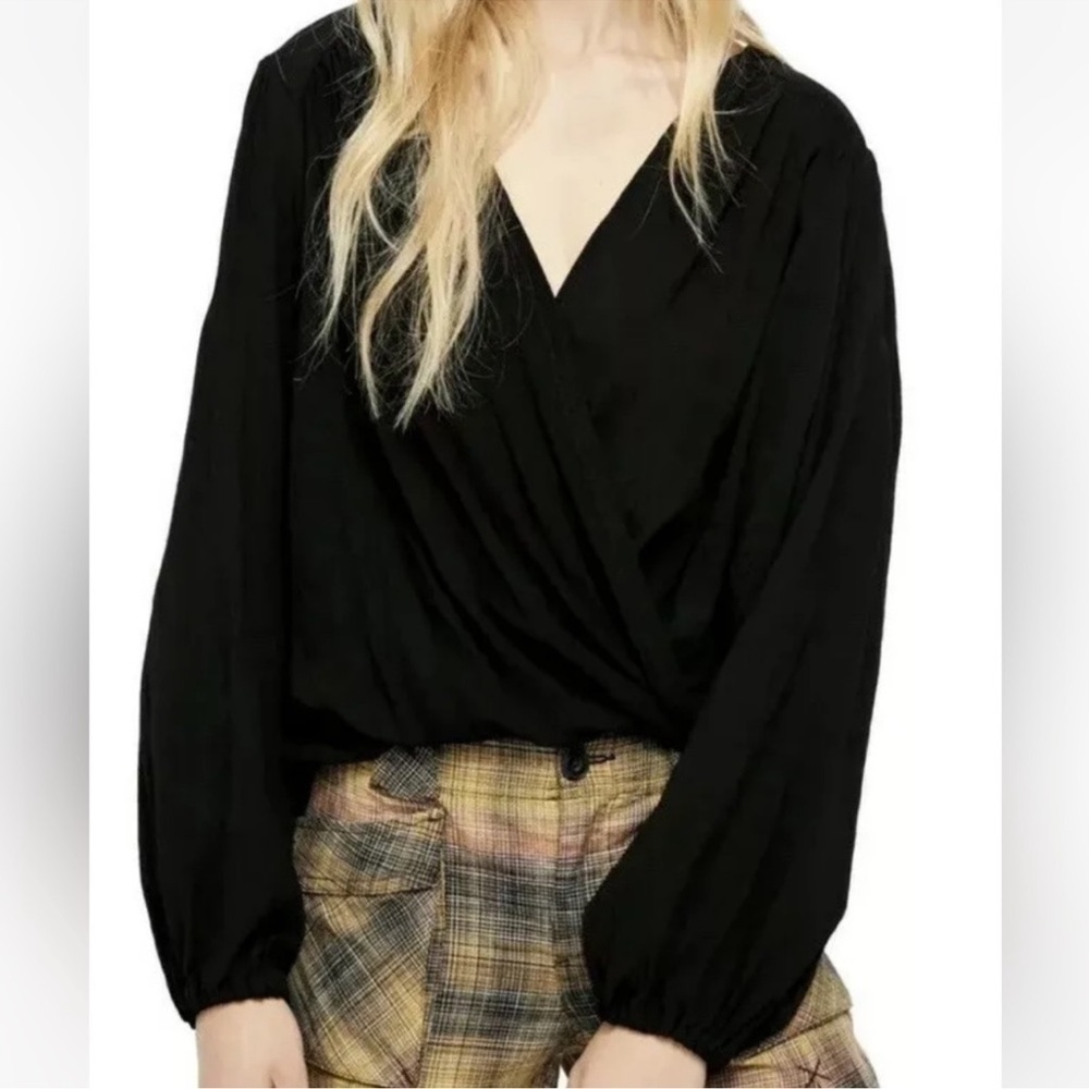 Free People Check On It Wrap Top Black Womens XS Long Sleeve